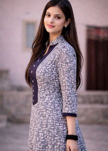Elegant Grey Printed A-Line Kurti with Black Panel