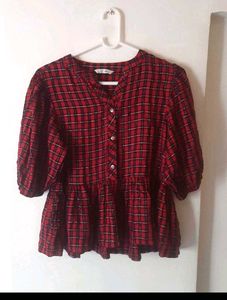 Red Plaid Peplum Blouse
