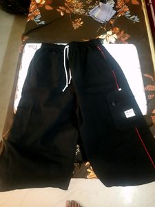 Black 3/4 Trousers With Red Stripes