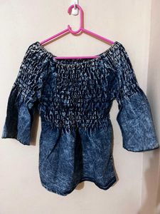 Trendy Smocked Denim Look Top