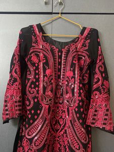Black &amp; red Embroidered Kurta with dupatta