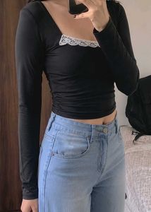 Black Lace Trim Square Neck Top