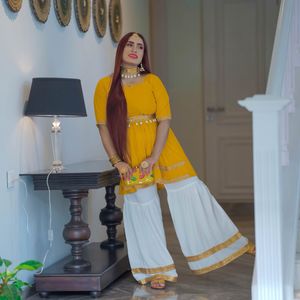 Kurta, Sharara pant, Shell belt with necklace