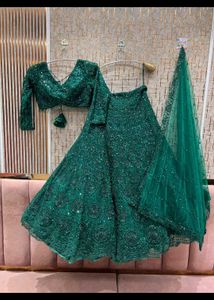 Stunning Emerald Green Sequined Lehenga Set