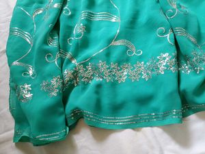 Elegant Green Embroidered Saree with readymade blo