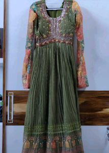 Olive Green Embroidered Anarkali Gown