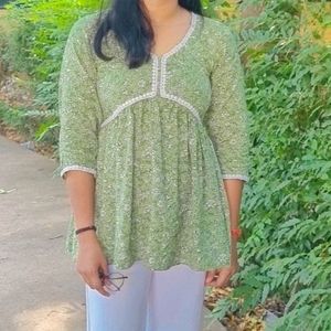 God Bless XS Cotton blend Green Printed Tunic