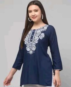 Embroidered Navy Blue Short Kurti For Women