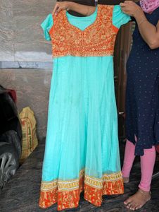 Elegant Turquoise &amp; Orange Anarkali Gown