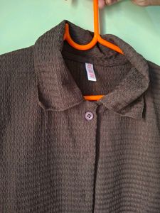 Brown Textured Short Sleeve Collared Shirt
