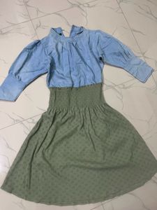 Chic Light Blue & Green Smocked Dress