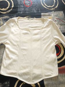 Cream Ribbed Square Neck Top
