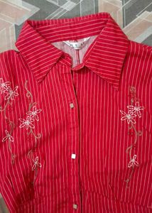 Red Striped Embroidered Button-Up Shirt