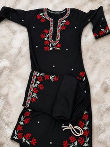 Elegant chikankari Black Kurta Set  Red Embroi