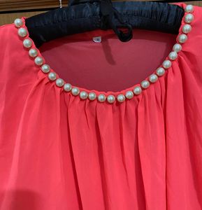 Coral Pink Dress with Pearl Neckline