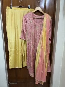 Pink Embroidered Kurta Set with Yellow Palazzo