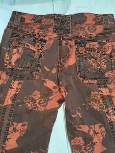 A cool red denim cargo jeans