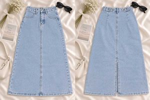 Light Wash Denim Maxi Skirt with Slit