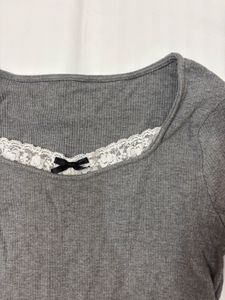 savana Grey Ribbed Lace Trim Top with Bow