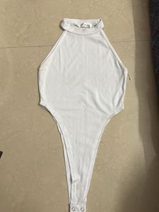White Halter Neck Ribbed Bodysuit