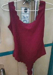 Scalloped Neckline Burgundy Bodysuit