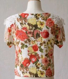 Floral Print Top with Lace &amp; Pearl Detail
