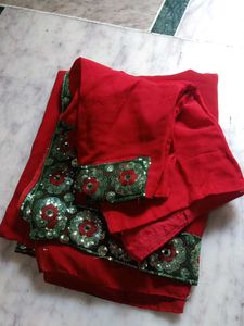 Red Saree with Embellished Border