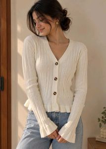 Cream Ribbed Cardigan with Ruffle Hem