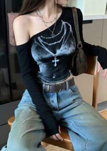 graphic print one shoulder top ,