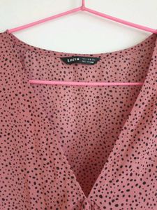 Blushing Dot Ruffle-Cuff Peplum Blouse.