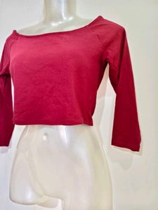 Maroon Off-Shoulder Long Sleeve Crop Top