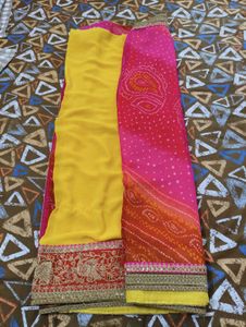 Yellow and Pink Bandhani Saree with Blouse