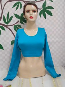 (564)Blue Cropped Long Sleeve Top