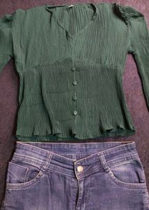 Green Pleated Button-Up Top & Denim Jeans