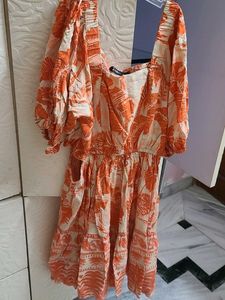 Boho Orange Leaf Print Mini Dress