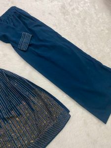 Teal Blue Rhinestone Work Kurti &amp; Parallel Trouser