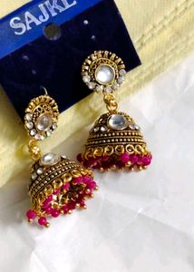 Gold Jhumka Earrings with Pink Beads