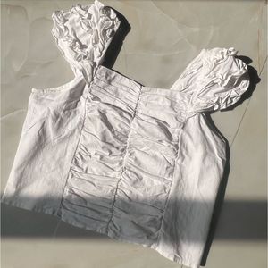Chic White Ruched Puff Sleeve Top