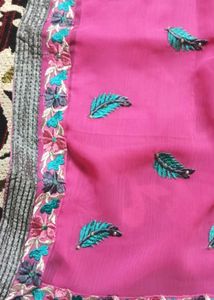 Beautiful Pink Saree with Leaf Embroidery