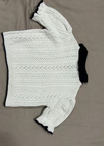 ZARA White Textured Knit Top with Black Trim
