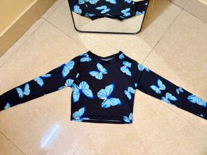 Blue Butterfly Print Crop Top
