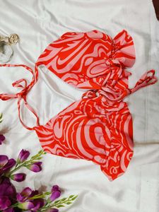 🇳🇿💫🎀Red &amp; Pink Abstract Print Bikini Top