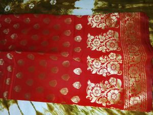 Stunning Red Saree with Gold Floral Motifs