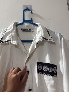 White Button-Up Tunic with Black Embroidery