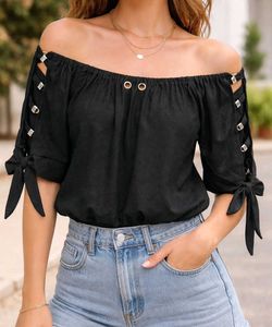 Off-Shoulder Black Lace-Up Sleeve Top