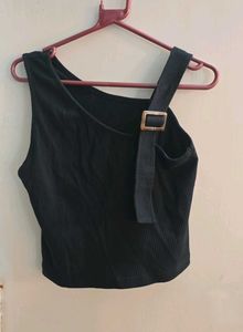 Black Ribbed Tank Top with Buckle Detail