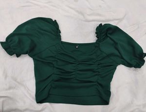 Stylish puff sleeve Green Ruched Crop Top