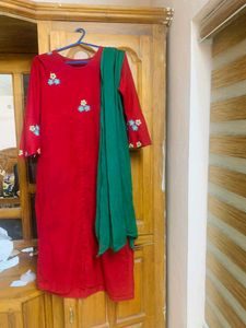 Red Embroidered Kurta Set