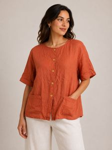 Orange Linen Blend Button-Up Top