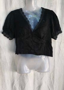 I. Black Lace Trimmed V-Neck Top